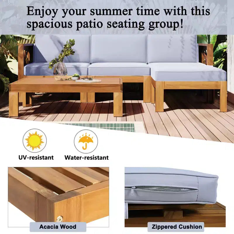 Chic Crate – Ensemble de 5 pièces de canapé sectionnel d'extérieur en bois pour patio avec coussins gris résistants à l'eau pour jardin, véranda, terrasse – Finition naturelle