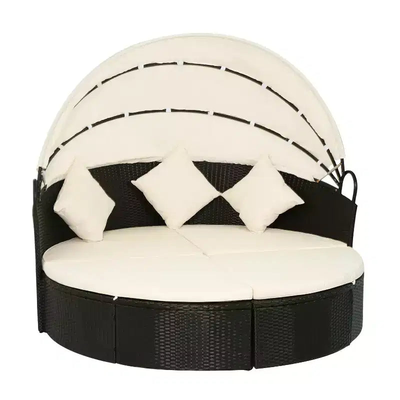 FDW Modern Outdoor Round Daybed with Retractable Canopy, khaki