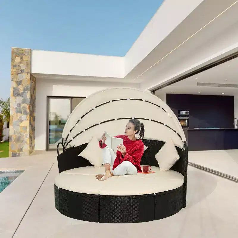 Lit de repos rond d'extérieur moderne FDW avec auvent rétractable, kaki