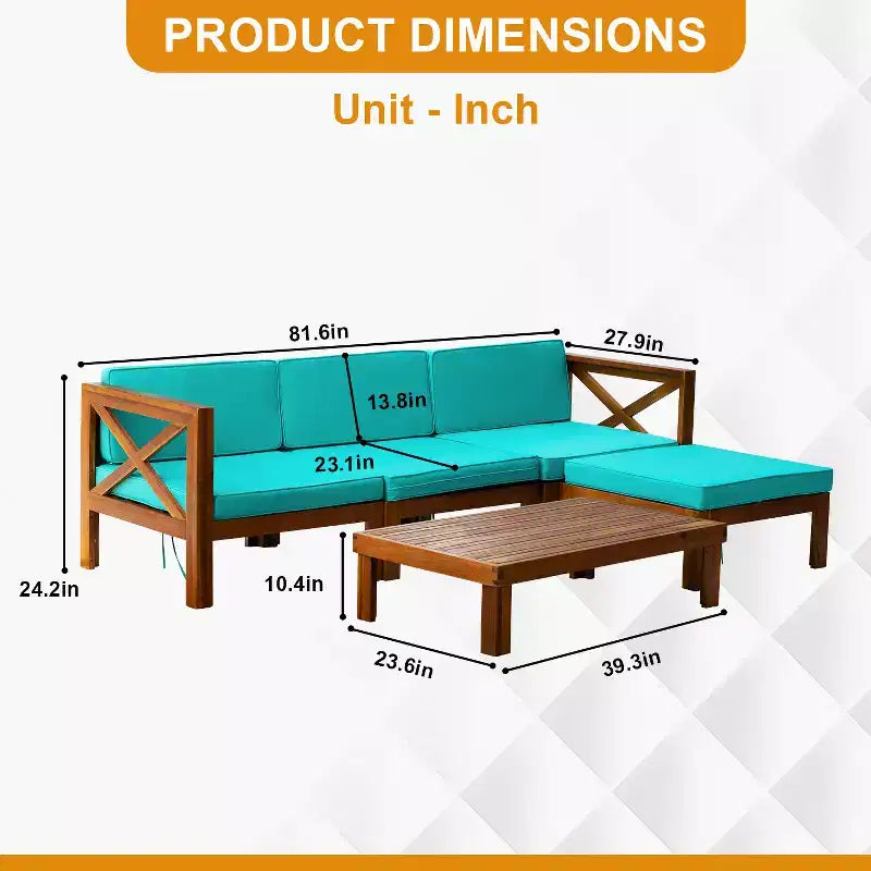 Ensemble de canapés de terrasse 5 pièces FDW en bois d'acacia avec table basse et chaises d'extérieur, coussins inclus