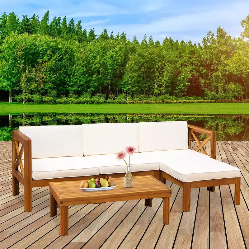 Ensemble de canapés de terrasse 5 pièces FDW en bois d'acacia avec table basse et chaises d'extérieur, coussins inclus
