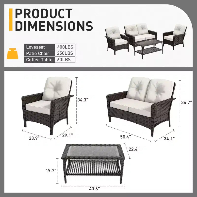 EAGLE PEAK Ensemble de conversation 4 pièces en rotin pour terrasse, canapé et fauteuils d'extérieur en osier avec table basse