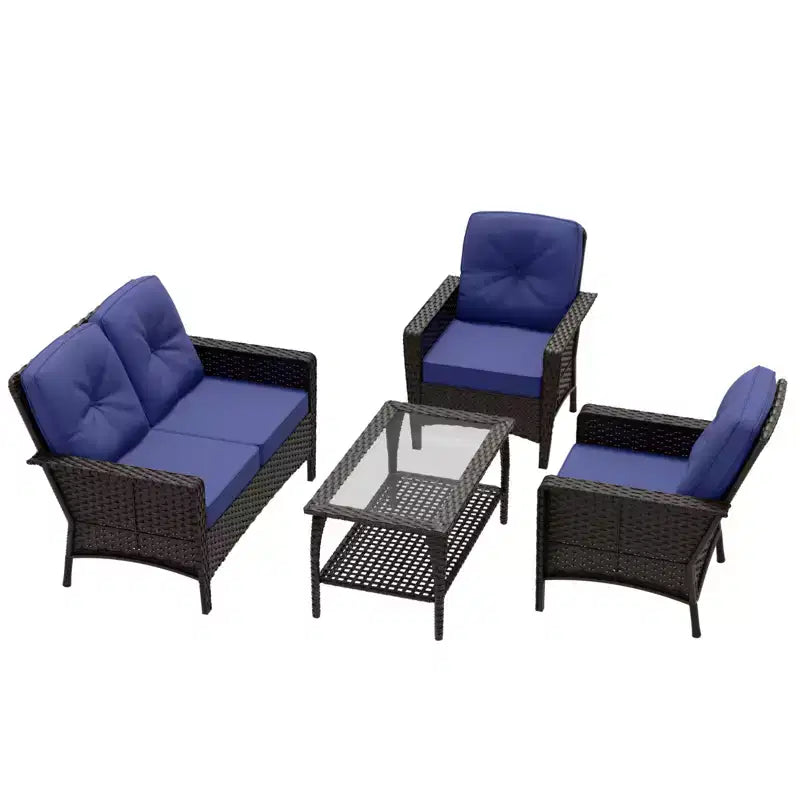 EAGLE PEAK 4 Piece Patio Rattan Furniture Conversation Set, Wicker Outdoor Couch and Chairs Set with Coffee Table