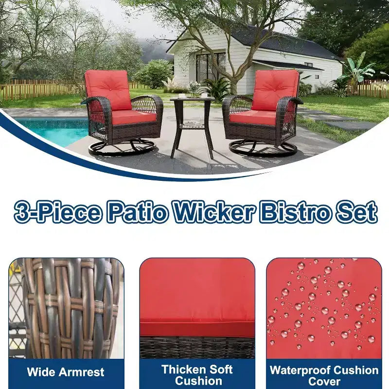 Fauteuils à bascule pivotants d'extérieur, 3 pièces, pour patio, en osier, 2 planeurs et table d'appoint, pour arrière-cour, jardin, balcon, terrasse