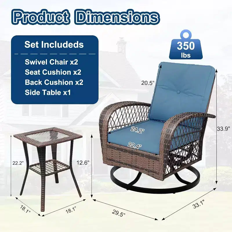 Fauteuils à bascule pivotants d'extérieur, 3 pièces, pour patio, en osier, 2 planeurs et table d'appoint, pour arrière-cour, jardin, balcon, terrasse