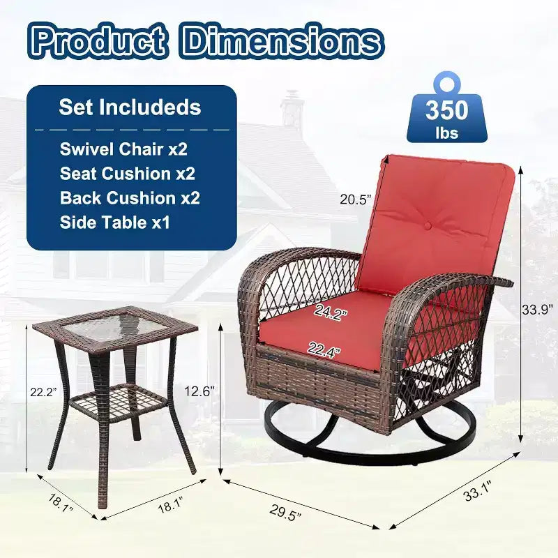 Fauteuils à bascule pivotants d'extérieur, 3 pièces, pour patio, en osier, 2 planeurs et table d'appoint, pour arrière-cour, jardin, balcon, terrasse