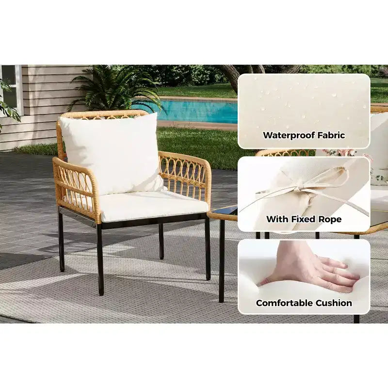 Ensemble de mobilier de jardin 4 pièces avec table, chaise longue et 2 fauteuils rembourrés, ensemble de balcon en rotin pour porche, pelouse, piscine et terrasse