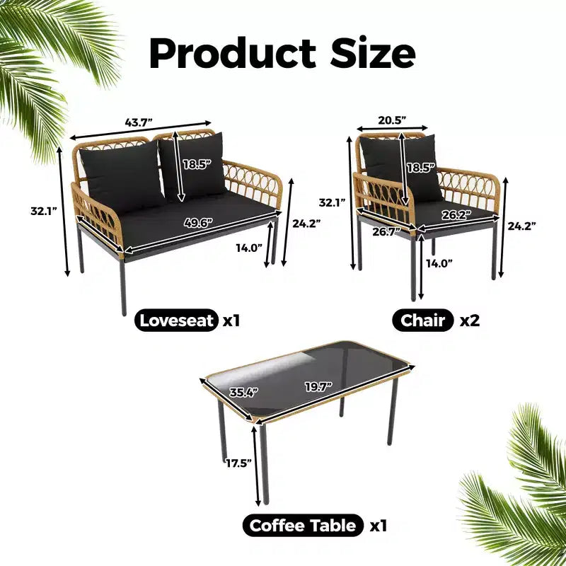 Ensemble de mobilier de jardin 4 pièces avec table, chaise longue et 2 fauteuils rembourrés, ensemble de balcon en rotin pour porche, pelouse, piscine et terrasse