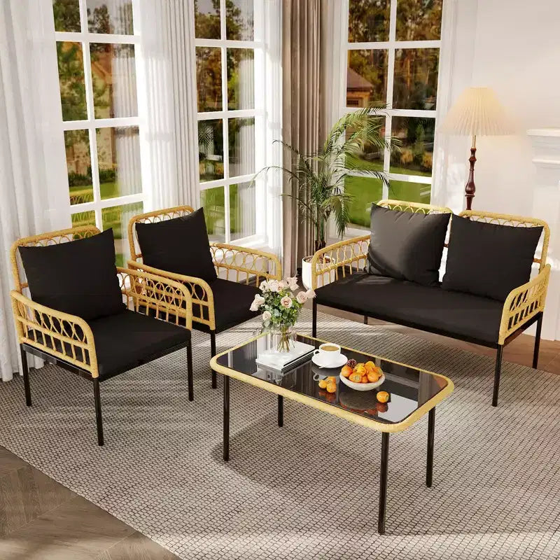 Ensemble de mobilier de jardin 4 pièces avec table, chaise longue et 2 fauteuils rembourrés, ensemble de balcon en rotin pour porche, pelouse, piscine et terrasse