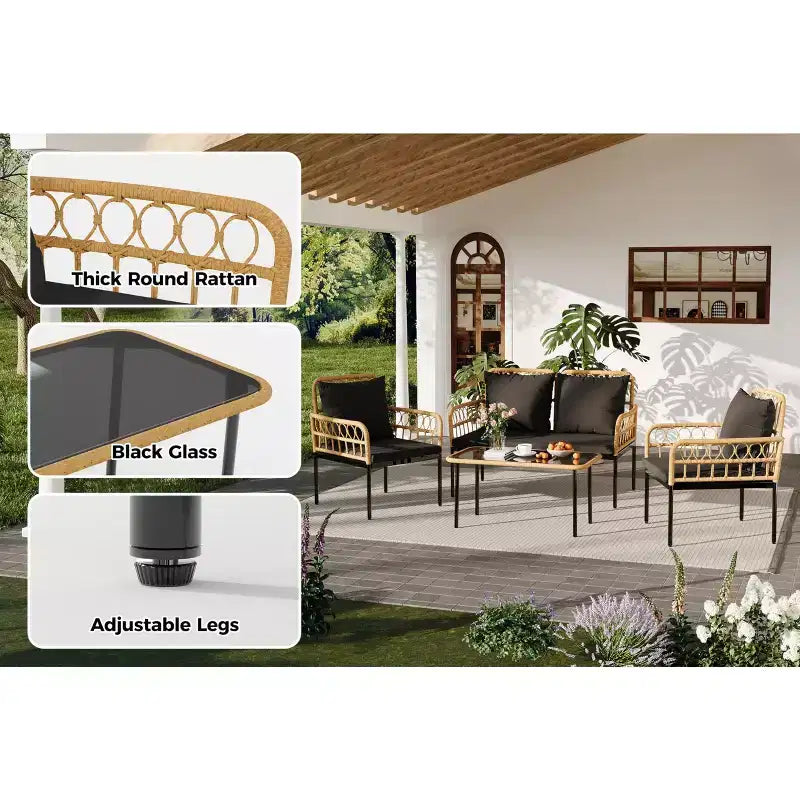 Ensemble de mobilier de jardin 4 pièces avec table, chaise longue et 2 fauteuils rembourrés, ensemble de balcon en rotin pour porche, pelouse, piscine et terrasse