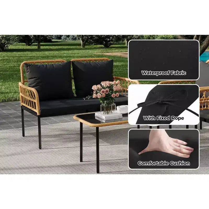 Ensemble de mobilier de jardin 4 pièces avec table, chaise longue et 2 fauteuils rembourrés, ensemble de balcon en rotin pour porche, pelouse, piscine et terrasse