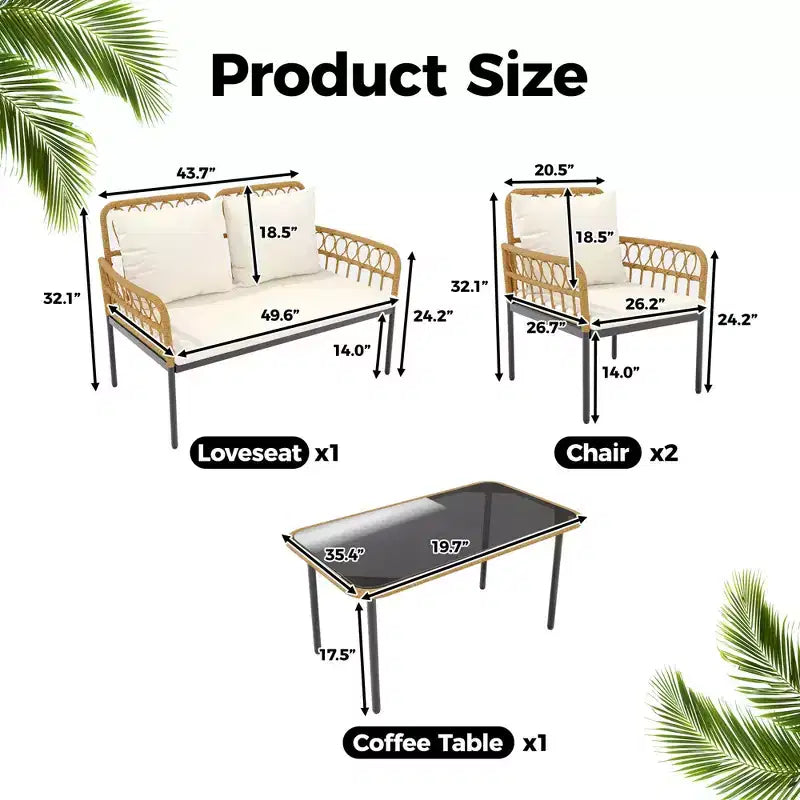 Ensemble de mobilier de jardin 4 pièces avec table, chaise longue et 2 fauteuils rembourrés, ensemble de balcon en rotin pour porche, pelouse, piscine et terrasse