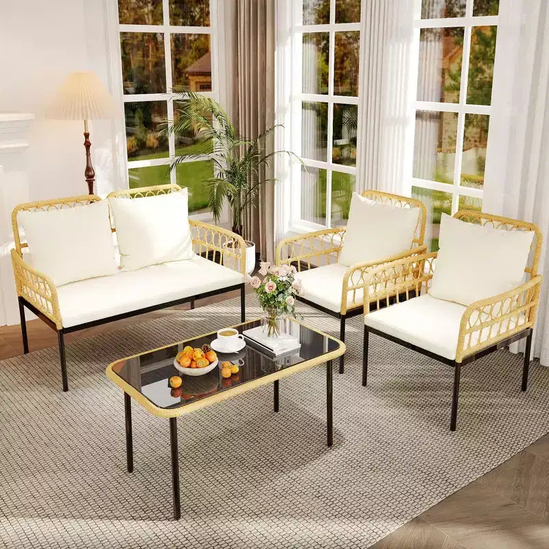 Ensemble de mobilier de jardin 4 pièces avec table, chaise longue et 2 fauteuils rembourrés, ensemble de balcon en rotin pour porche, pelouse, piscine et terrasse