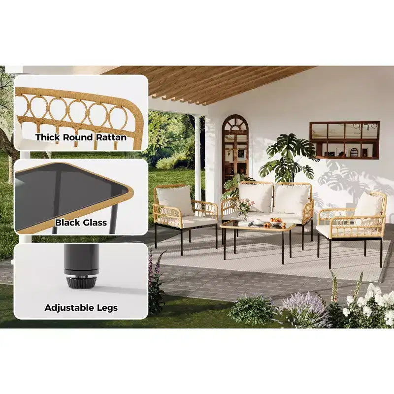 Ensemble de mobilier de jardin 4 pièces avec table, chaise longue et 2 fauteuils rembourrés, ensemble de balcon en rotin pour porche, pelouse, piscine et terrasse