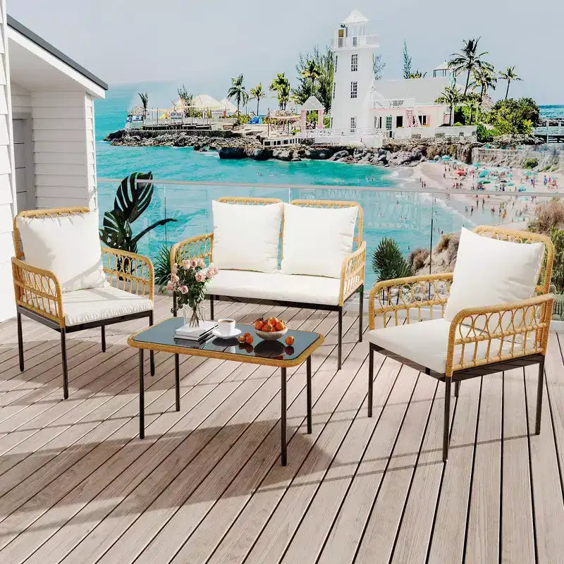 Ensemble de mobilier de jardin 4 pièces avec table, chaise longue et 2 fauteuils rembourrés, ensemble de balcon en rotin pour porche, pelouse, piscine et terrasse