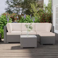5-Piece Outdoor Patio Rattan Wicker Sofa Set, Pe Rattan Conversation Sectional with Thickened Back Cushion, Glass Tabletop, Ottoman, Beige