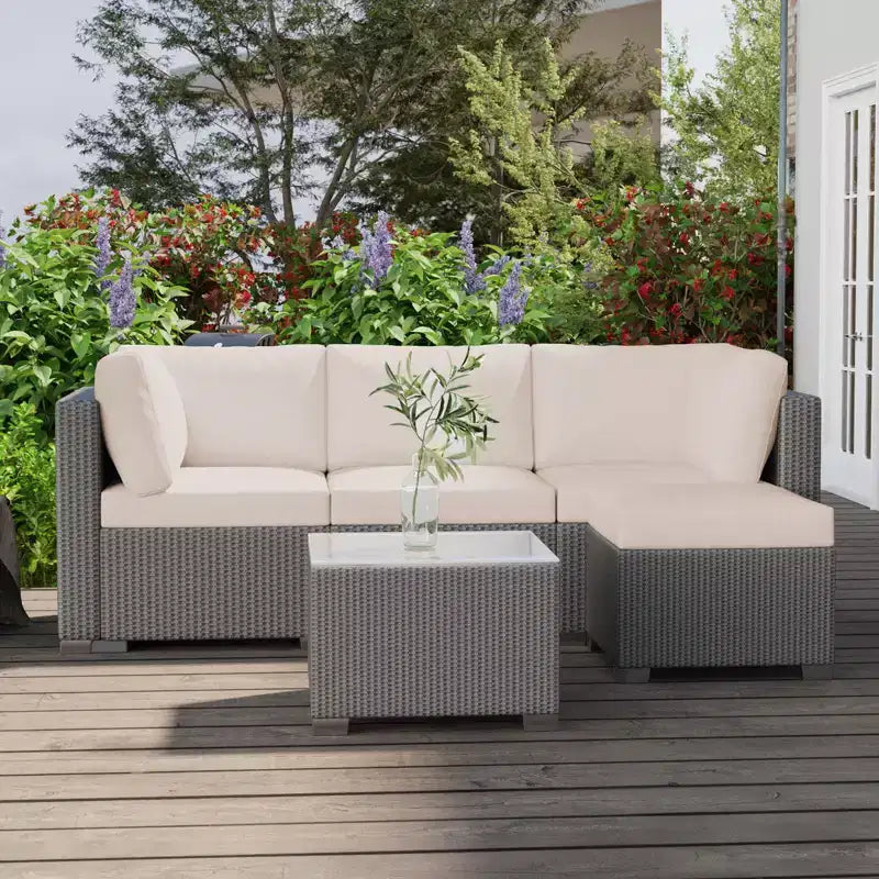 5-Piece Outdoor Patio Rattan Wicker Sofa Set, Pe Rattan Conversation Sectional with Thickened Back Cushion, Glass Tabletop, Ottoman, Beige