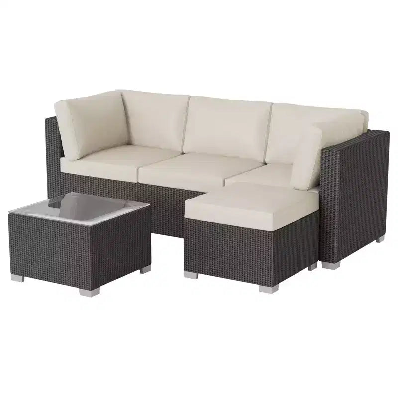 Salon de jardin 5 pièces en rotin, ensemble de conversation en rotin synthétique avec coussins de dossier épais, plateau de table en verre, pouf, beige