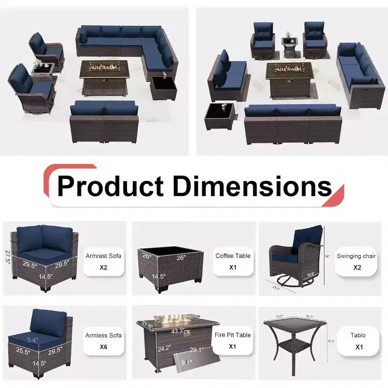 ALAULM Ensemble de mobilier de patio 13 pièces, Salon de jardin en rotin avec table brasero à propane 109 cm, Fauteuils pivotants à bascule