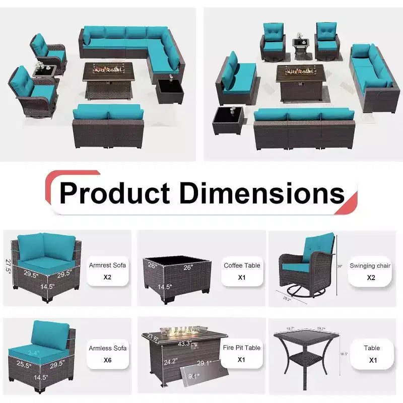 ALAULM Ensemble de mobilier de patio 13 pièces, Salon de jardin en rotin avec table brasero à propane 109 cm, Fauteuils pivotants à bascule