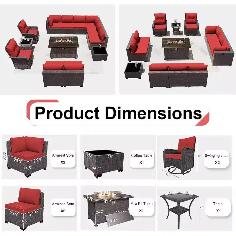 ALAULM Ensemble de mobilier de patio 13 pièces, Salon de jardin en rotin avec table brasero à propane 109 cm, Fauteuils pivotants à bascule