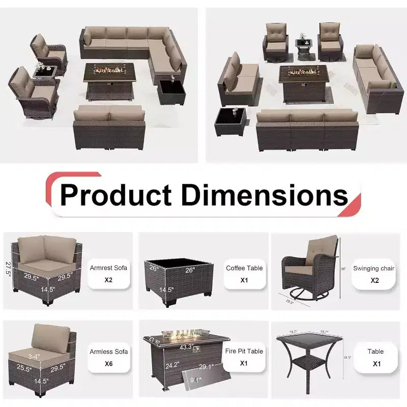 ALAULM Ensemble de mobilier de patio 13 pièces, Salon de jardin en rotin avec table brasero à propane 109 cm, Fauteuils pivotants à bascule