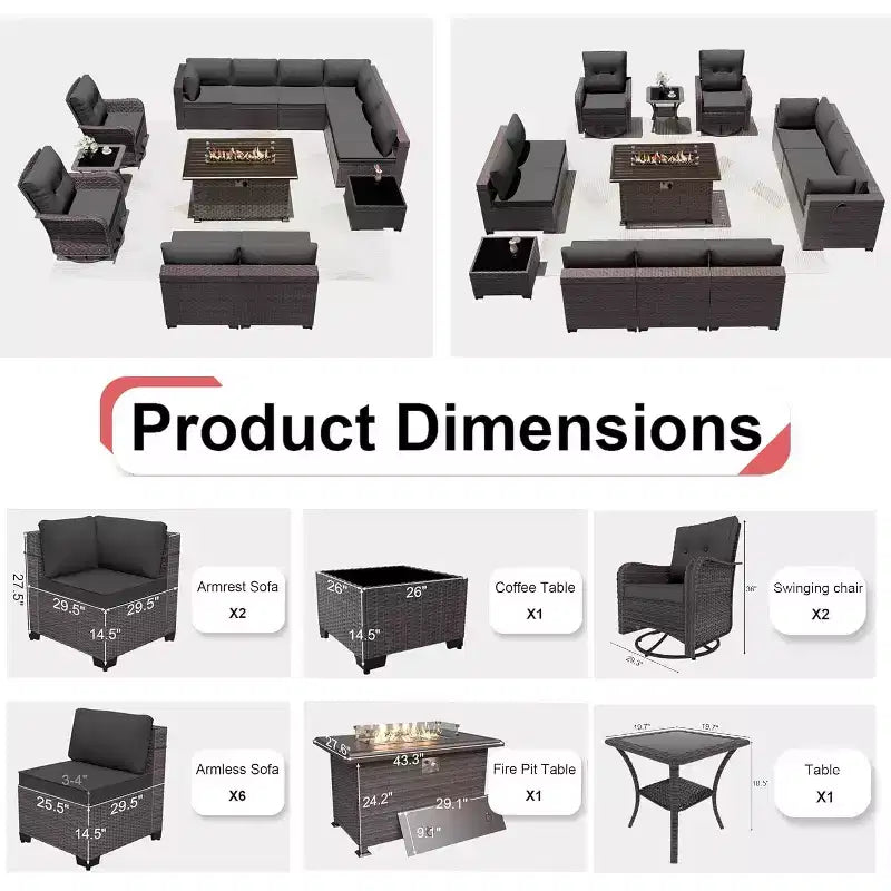 ALAULM Ensemble de mobilier de patio 13 pièces, Salon de jardin en rotin avec table brasero à propane 109 cm, Fauteuils pivotants à bascule