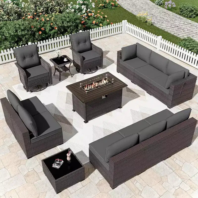 ALAULM Ensemble de mobilier de patio 13 pièces, Salon de jardin en rotin avec table brasero à propane 109 cm, Fauteuils pivotants à bascule