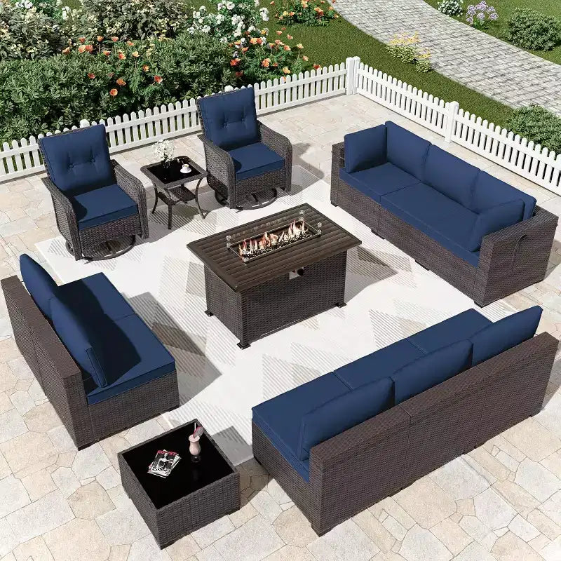 ALAULM Ensemble de mobilier de patio 13 pièces, Salon de jardin en rotin avec table brasero à propane 109 cm, Fauteuils pivotants à bascule