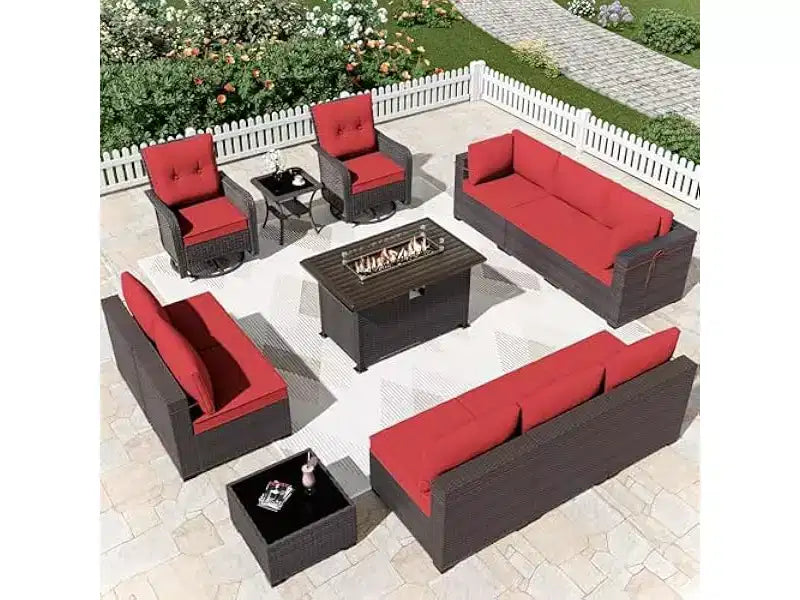 ALAULM Ensemble de mobilier de patio 13 pièces, Salon de jardin en rotin avec table brasero à propane 109 cm, Fauteuils pivotants à bascule