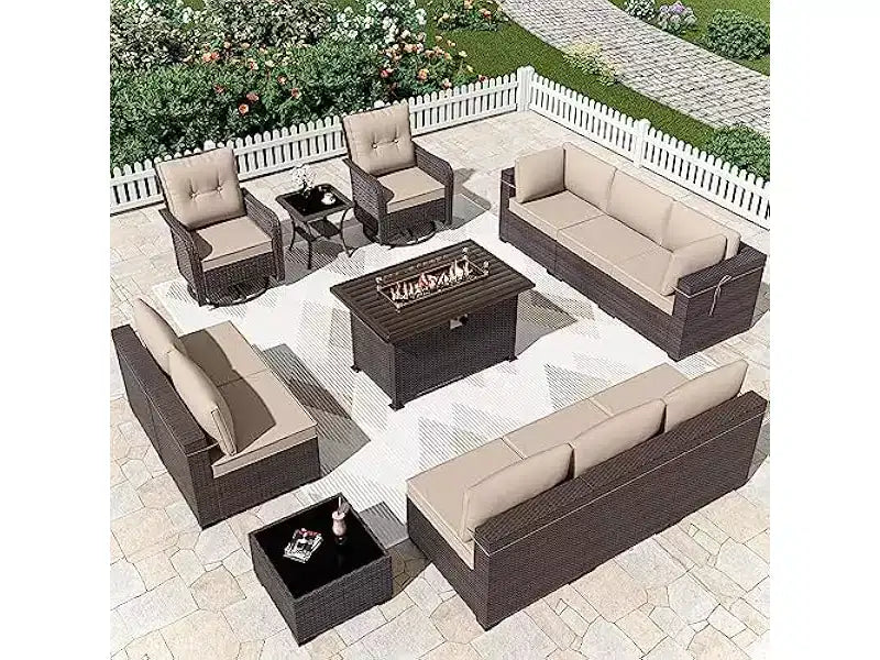 ALAULM Ensemble de mobilier de patio 13 pièces, Salon de jardin en rotin avec table brasero à propane 109 cm, Fauteuils pivotants à bascule