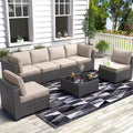 7-Piece Outdoor Patio Furniture Set with Glass Top Coffee Table, PE Rattan Wicker Sectional Modular Conversation Sofa Set w/ Cushions for Patio