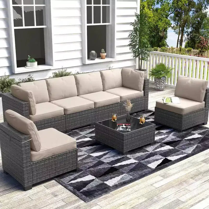 7-Piece Outdoor Patio Furniture Set with Glass Top Coffee Table, PE Rattan Wicker Sectional Modular Conversation Sofa Set w/ Cushions for Patio