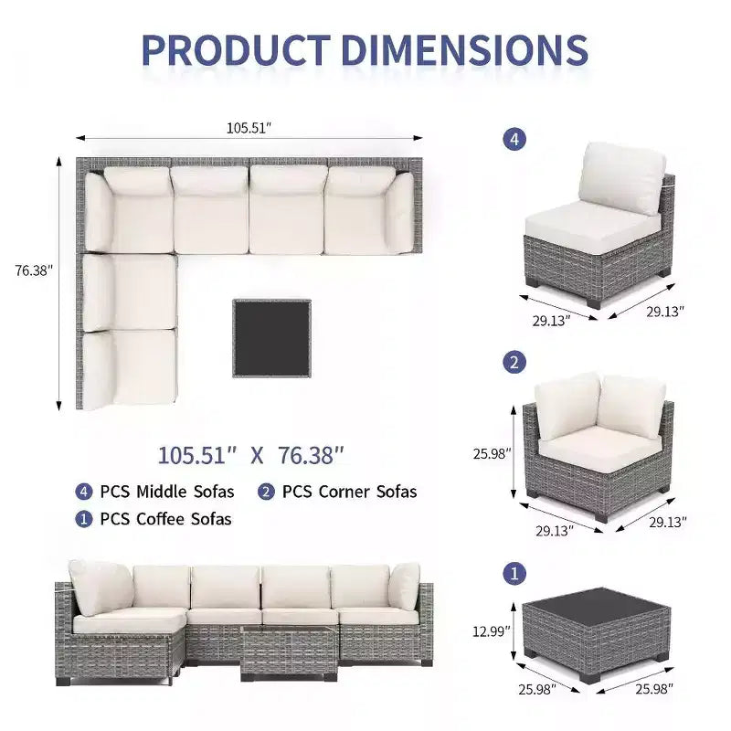 Ensemble de mobilier de patio 7 pièces avec table basse en verre, canapé sectionnel modulaire en rotin PE avec coussins pour patio