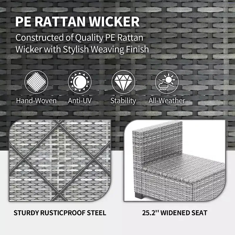 Ensemble de mobilier de patio 7 pièces avec table basse en verre, canapé sectionnel modulaire en rotin PE avec coussins pour patio