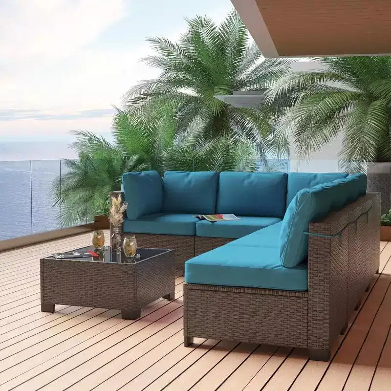 Ensemble de mobilier de patio 7 pièces avec table basse en verre, canapé sectionnel modulaire en rotin PE avec coussins pour patio