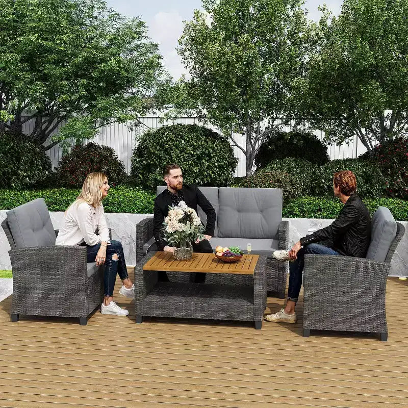 Heynemo Ensemble de mobilier de patio 4 pièces, salons de conversation de patio en osier tout temps avec table basse à 2 niveaux, canapé d'extérieur