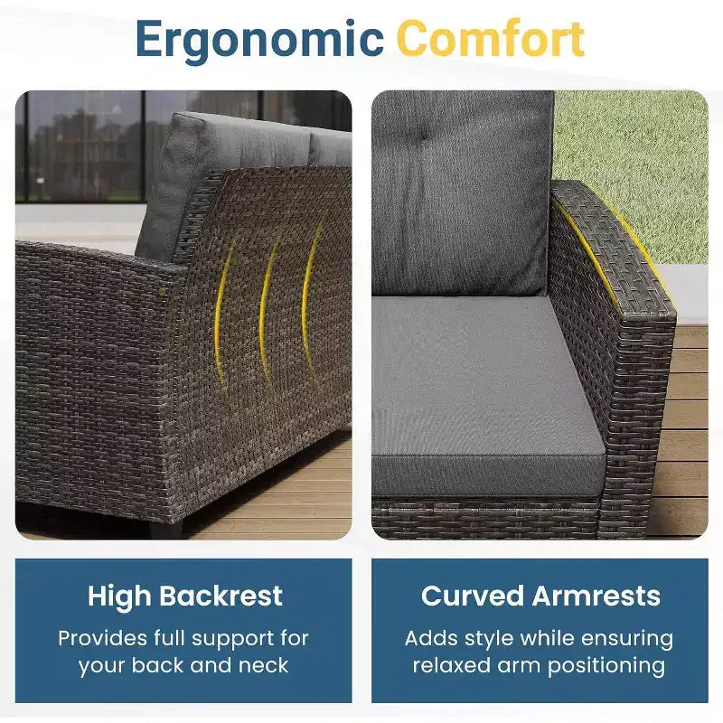 Heynemo Ensemble de mobilier de patio 4 pièces, salons de conversation de patio en osier tout temps avec table basse à 2 niveaux, canapé d'extérieur