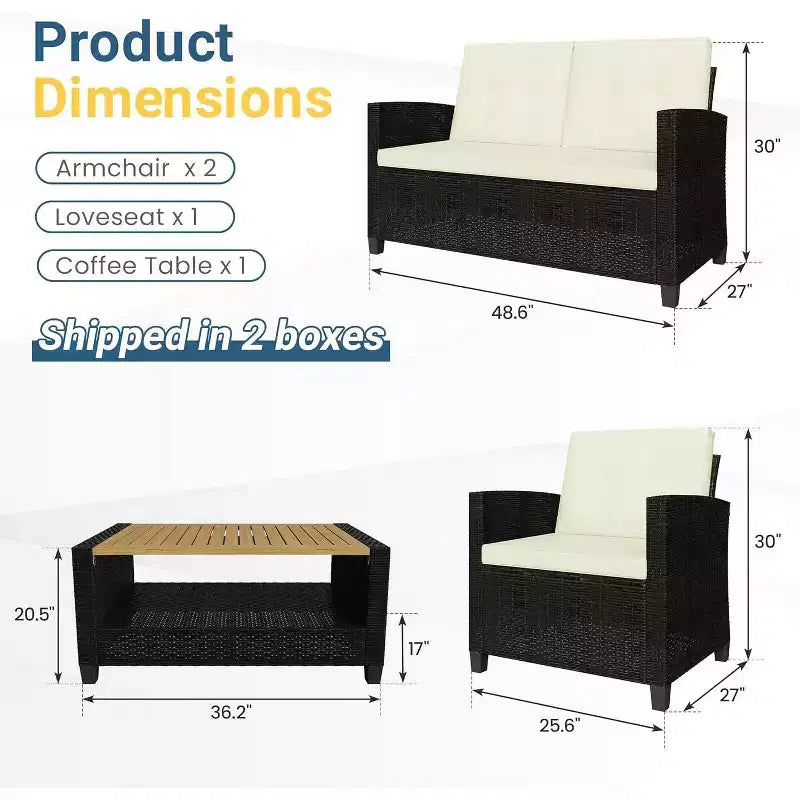 Heynemo Ensemble de mobilier de patio 4 pièces, salons de conversation de patio en osier tout temps avec table basse à 2 niveaux, canapé d'extérieur