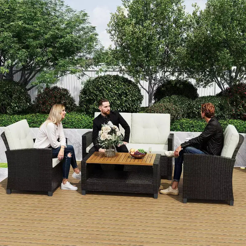 Heynemo Ensemble de mobilier de patio 4 pièces, salons de conversation de patio en osier tout temps avec table basse à 2 niveaux, canapé d'extérieur