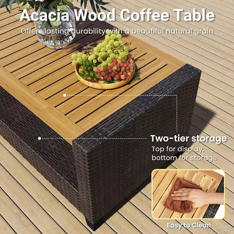 Heynemo Ensemble de mobilier de patio 4 pièces, salons de conversation de patio en osier tout temps avec table basse à 2 niveaux, canapé d'extérieur