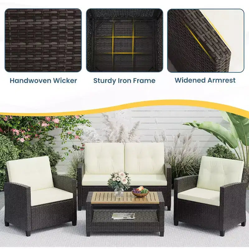 Heynemo Ensemble de mobilier de patio 4 pièces, salons de conversation de patio en osier tout temps avec table basse à 2 niveaux, canapé d'extérieur