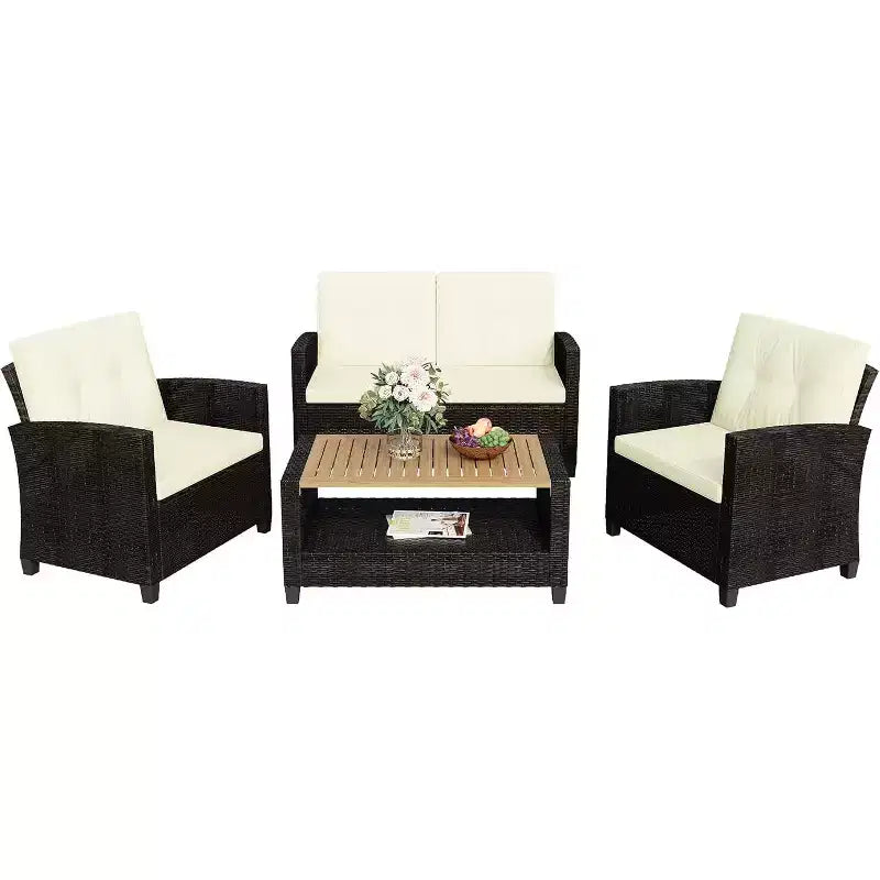 Heynemo Ensemble de mobilier de patio 4 pièces, salons de conversation de patio en osier tout temps avec table basse à 2 niveaux, canapé d'extérieur