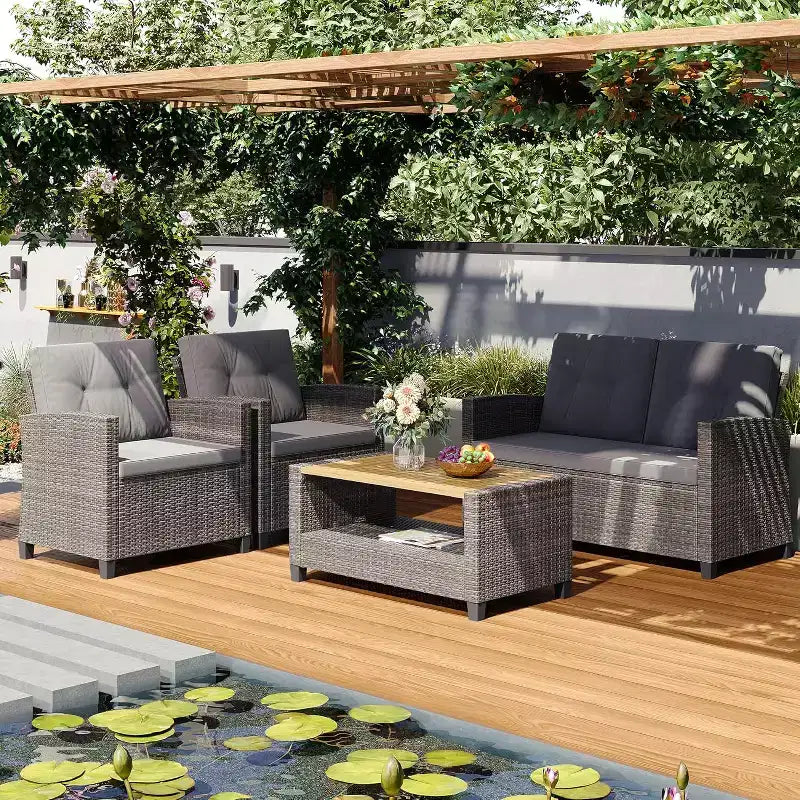 Heynemo Ensemble de mobilier de patio 4 pièces, salons de conversation de patio en osier tout temps avec table basse à 2 niveaux, canapé d'extérieur