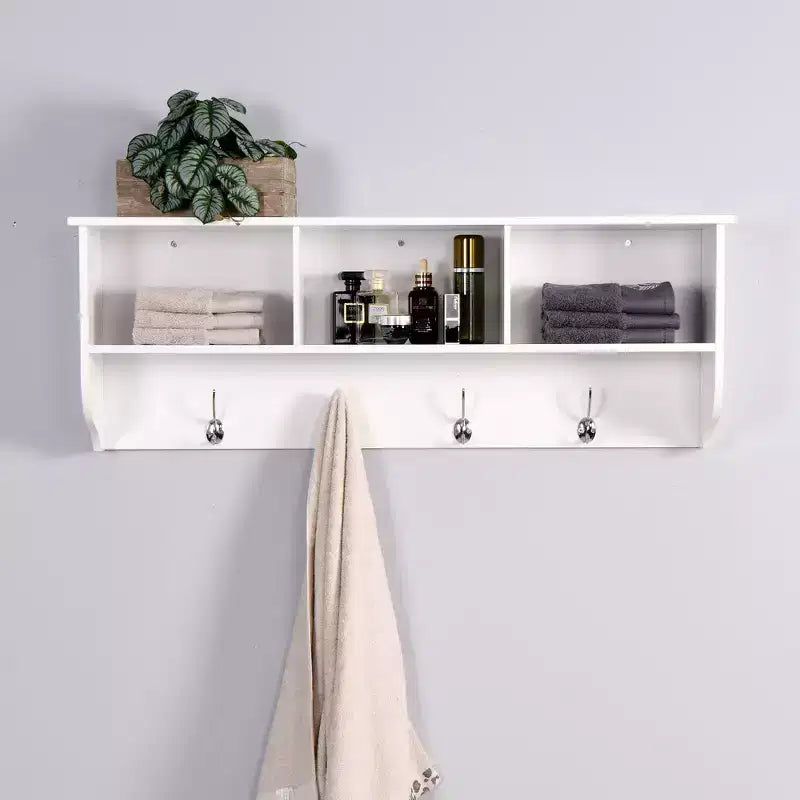 Porte-manteau mural blanc pour entrée avec 4 crochets doubles, étagère de rangement en bois pour salon