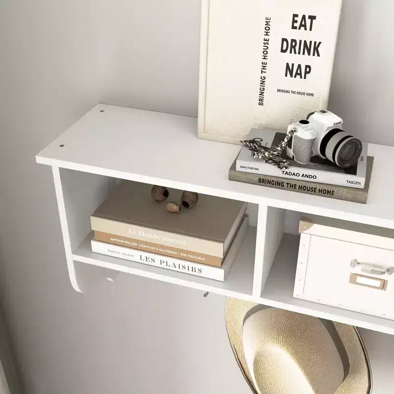 Porte-manteau mural blanc pour entrée avec 4 crochets doubles, étagère de rangement en bois pour salon