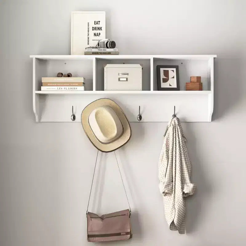 Porte-manteau mural blanc pour entrée avec 4 crochets doubles, étagère de rangement en bois pour salon