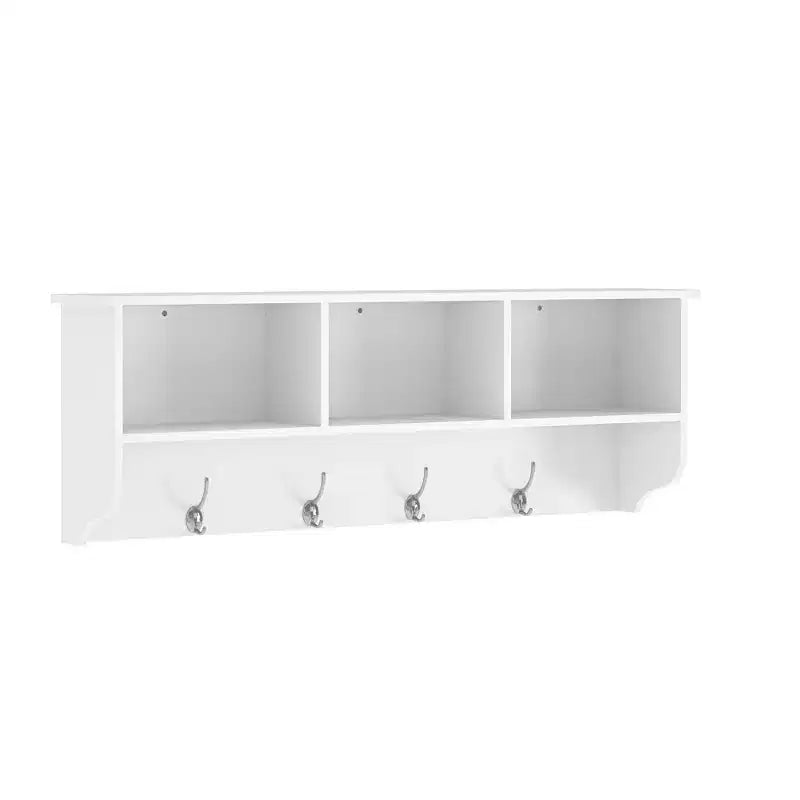 Porte-manteau mural blanc pour entrée avec 4 crochets doubles, étagère de rangement en bois pour salon