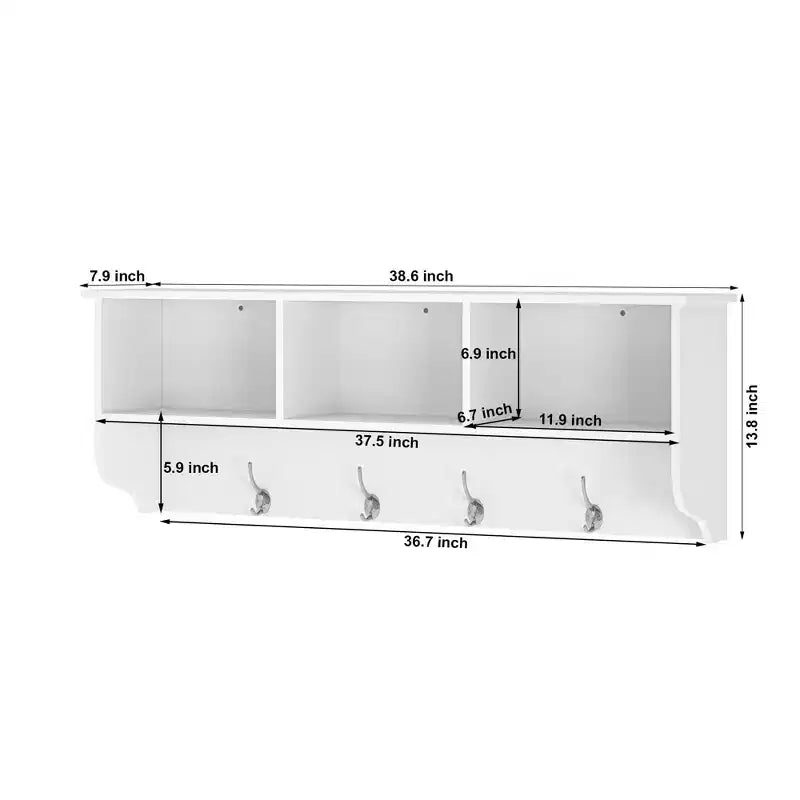 Porte-manteau mural blanc pour entrée avec 4 crochets doubles, étagère de rangement en bois pour salon