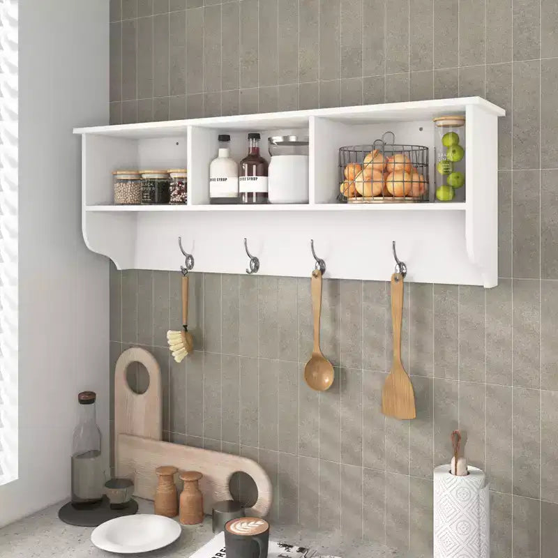 Porte-manteau mural blanc pour entrée avec 4 crochets doubles, étagère de rangement en bois pour salon